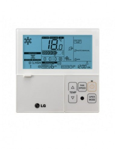 LG remote control unit for air conditioning, featuring temperature display and mode settings.