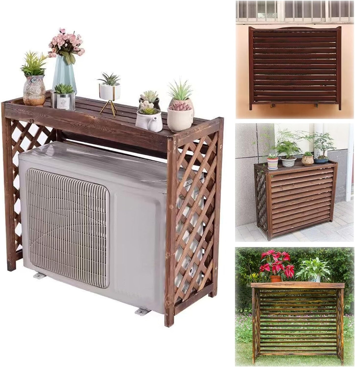 Wooden air conditioner cover 80x47x77 cm, ideal for outdoor use with plants, sturdy design, fits 9000/12000 BTU units.