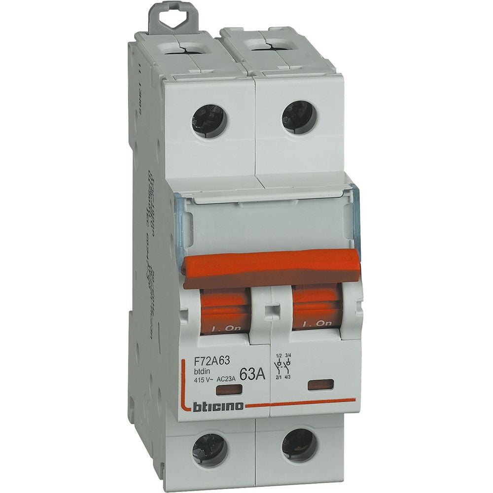 Bticino 2P 63A switch disconnector, 400 Vac, 2 modules, suitable for contact and release accessories.