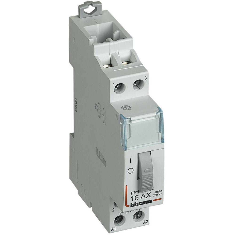 Bticino step relay 2NO 16A, model FP1A2N230, dimensions 83x17.8x66mm, IP20 rated, for 230Vac voltage.