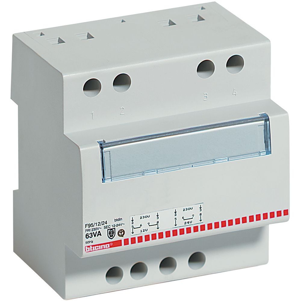 Bticino 12/24 63VA transformer, single-phase, DIN module, conformance to IP20 protection standards.
