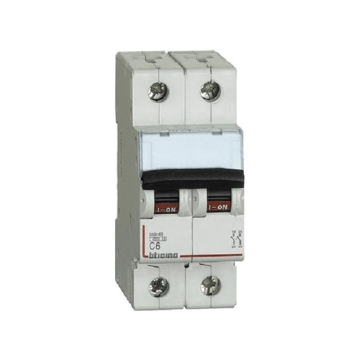 Interruttore magnetotermico Bticino 2P 16A 6KA Curva C, design compatto, sicuro per impianti elettrici.