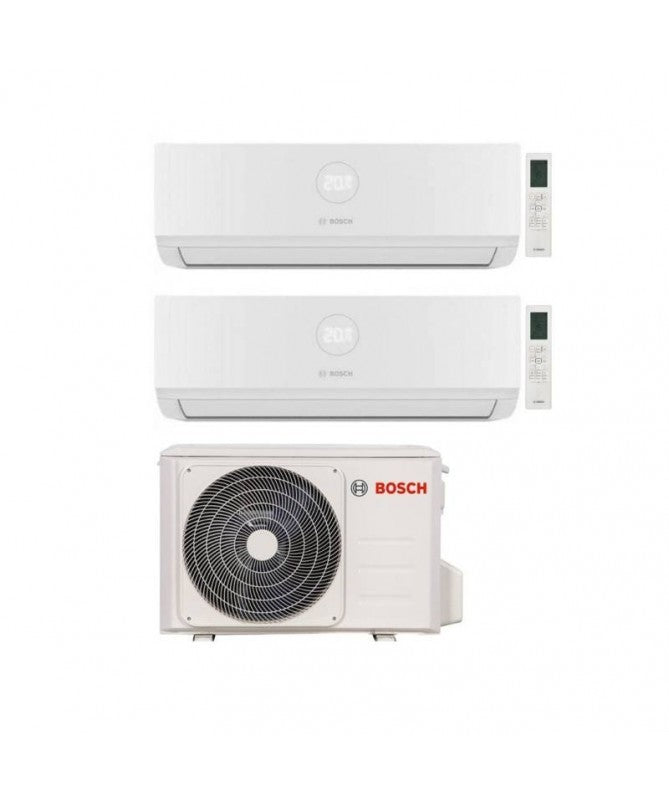 Condizionatore dual split Junkers Bosch Climate 5000 R-32 con due unità interne e una esterna, design elegante e moderno.
