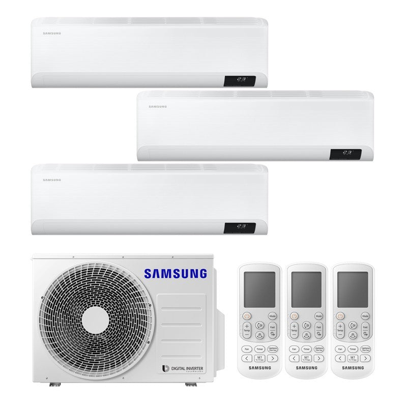 Samsung CEBU Trial Split Inverter air conditioner with 3 indoor units and 1 outdoor unit, plus 3 remote controls.