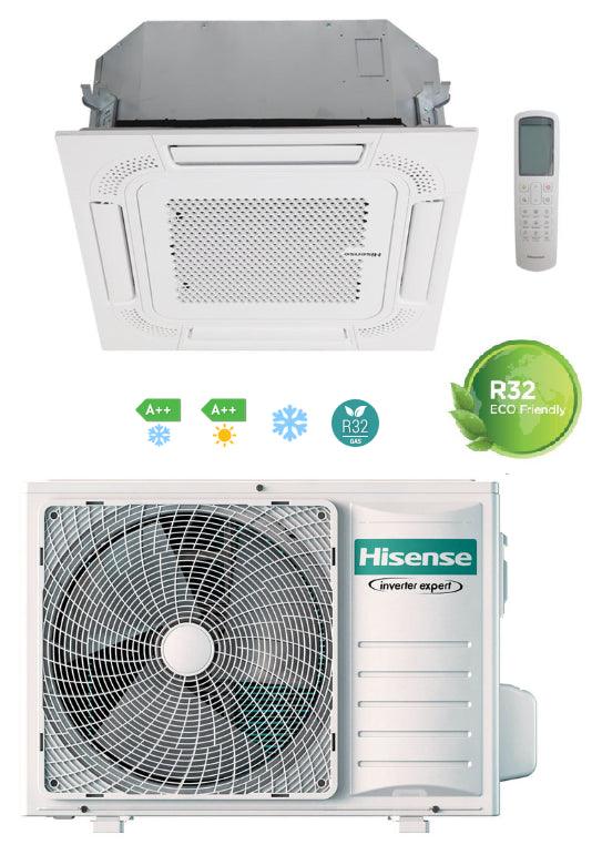 Hisense Inverter 24000 BTU cassette air conditioner unit and outdoor unit with remote control.