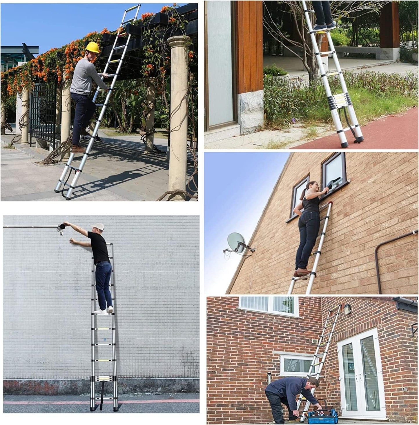 Various scenes showing a lightweight telescopic aluminum ladder in use for home repairs and outdoor tasks.