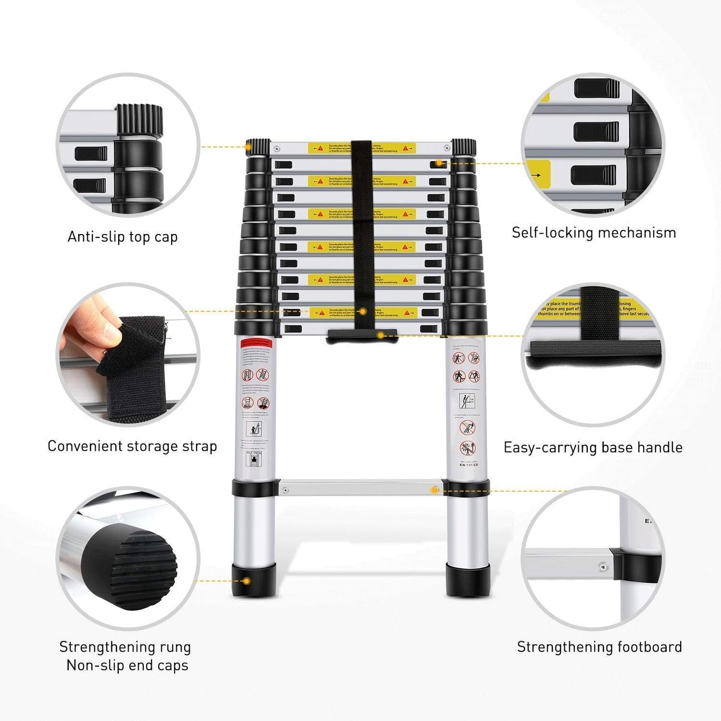 Scala telescopica in alluminio con dettagli su meccanismo antiscivolo, maniglia e cinghia di stoccaggio per uso versatile.