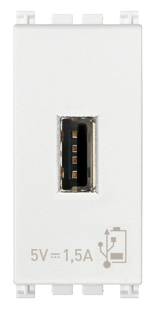 VIMAR white USB power unit 5V 1.5A for electronic devices, modular design for wall or built-in installation.