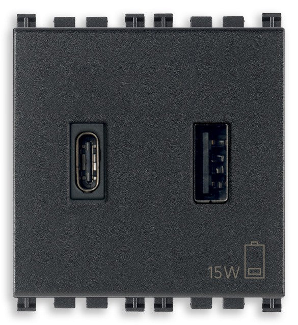 VIMAR USB power supply with 15W output, featuring USB Type A and Type C ports for simultaneous charging.