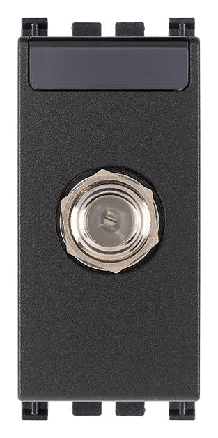 Presa coassiale tipo F femmina VIMAR grigio per frequenze fino 2400 MHz, con connettore visibile.