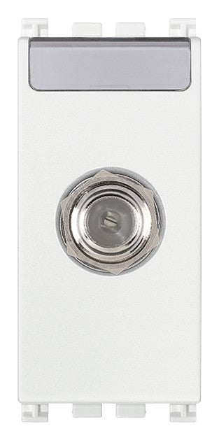 VIMAR coaxial female connector type F, white, for up to 2400 MHz frequencies, IEC 60169-24 compliant.