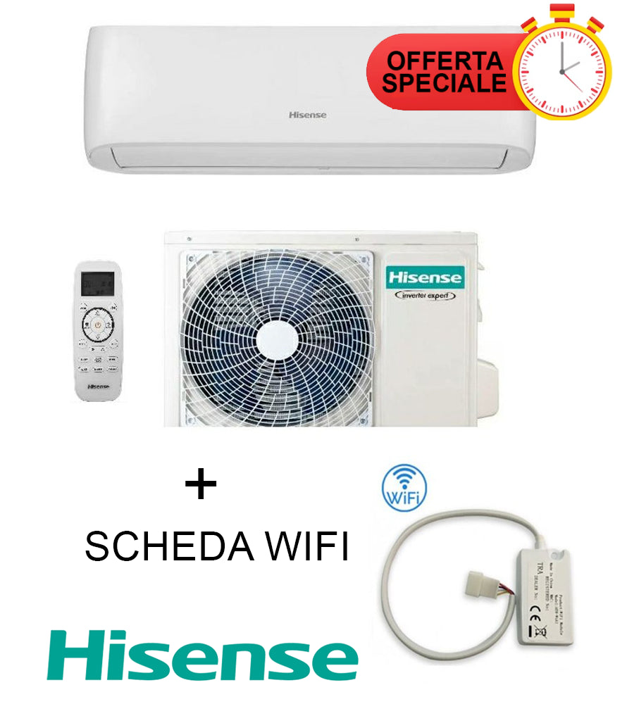 Hisense EASY SMART 24000 BTU air conditioner with Wi-Fi module and remote control, energy-efficient cooling solution.