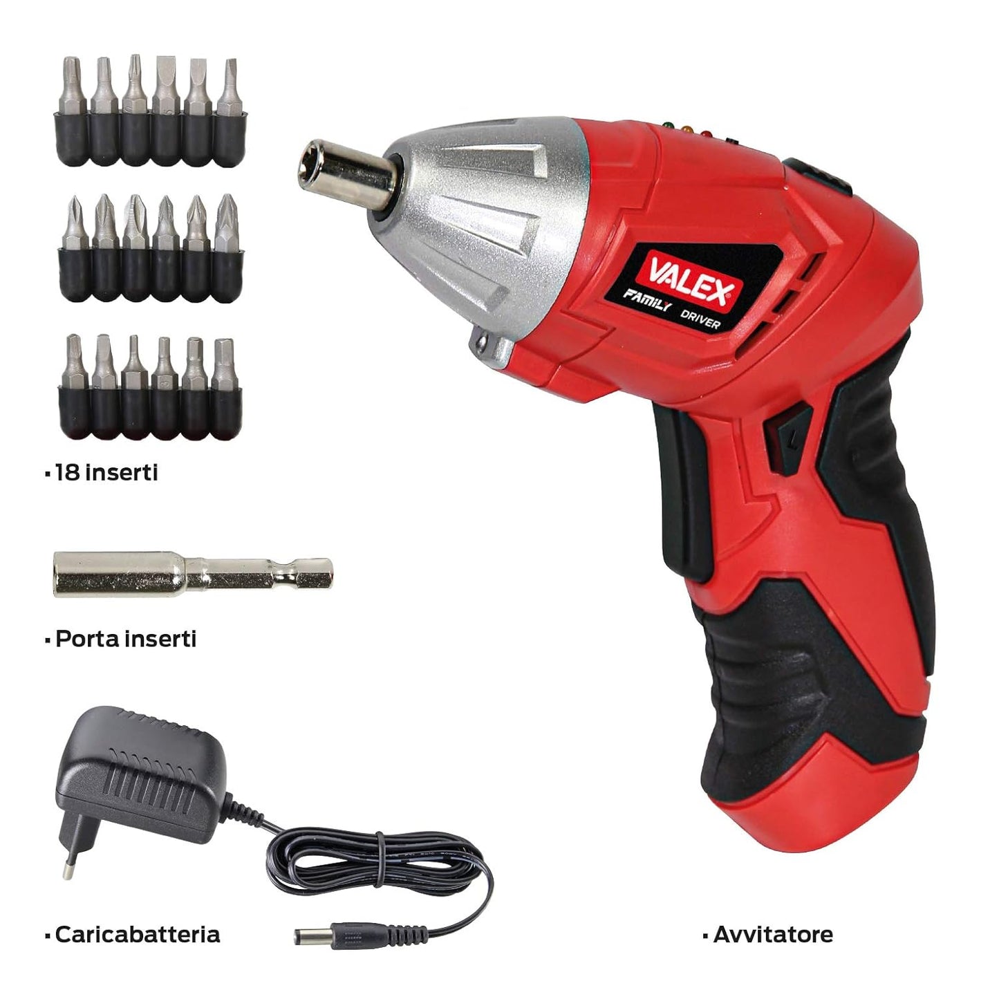 Funzioni aggiuntive dell'Avvitatore a batteria VALEX, con portainserti magnetico e impugnatura morbida.