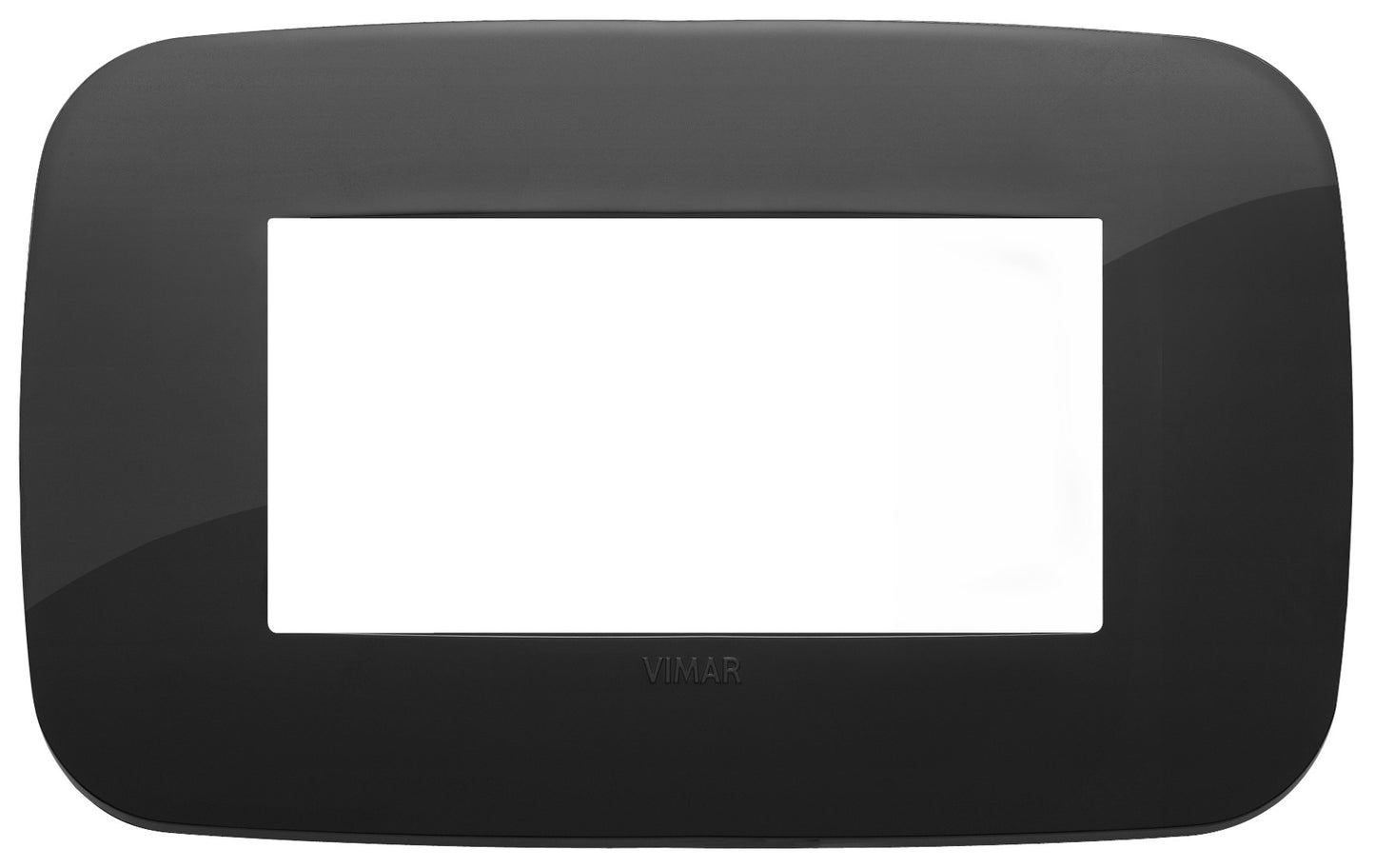 Placca Round 4M in black, technopolymer cover for four modules, sleek design by Vimar.
