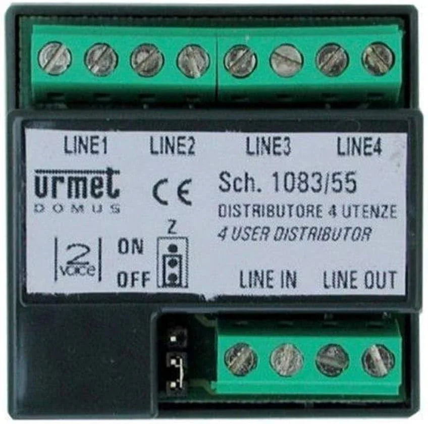 Distributore segnale videocitofono URMET 1083/55 per 4 utenze, con connessioni LINE1 a LINE4 e protezione PTC.