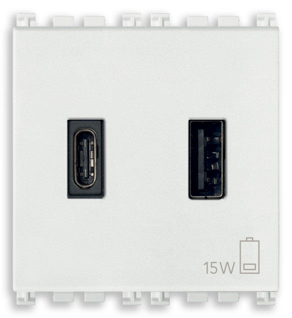 VIMAR 15W A+C-USB supply unit in white featuring USB and C-USB ports for charging devices simultaneously.