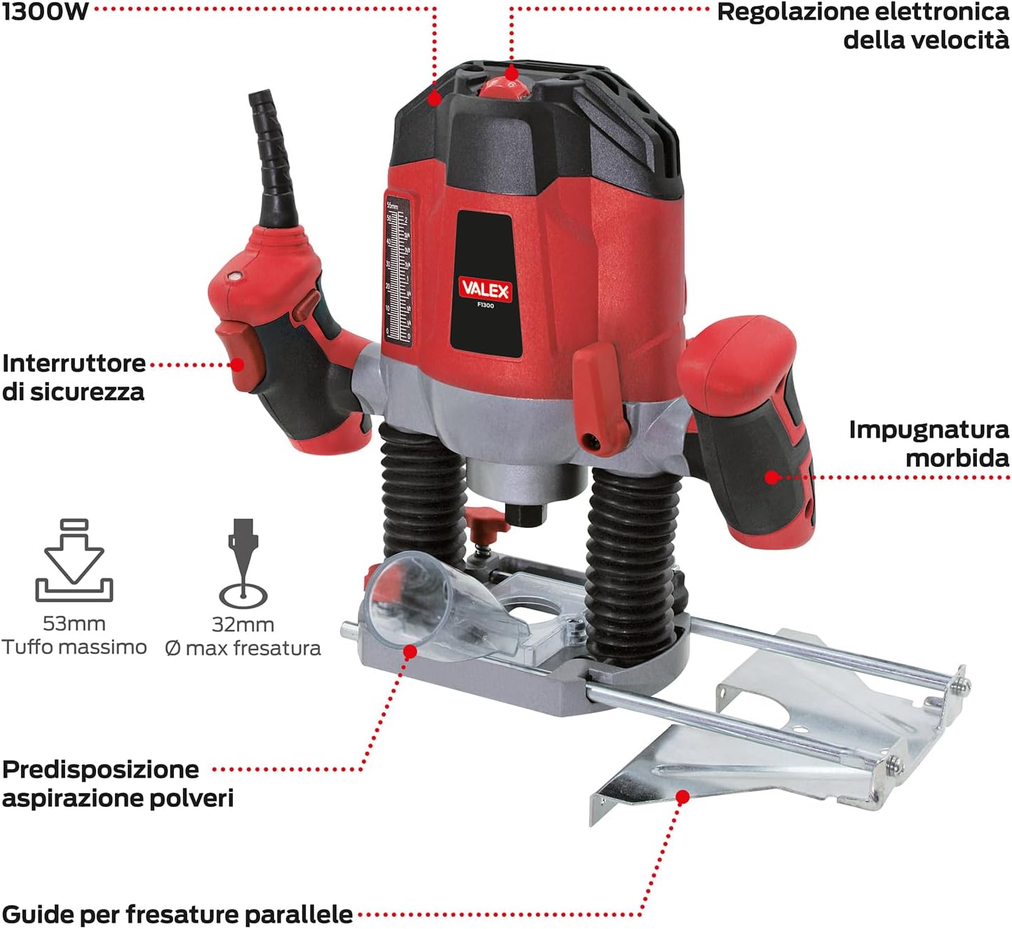 Immagine della fresatrice verticale F1300 di Valex, ideale per falegnami e artigiani con regolazione della velocità.