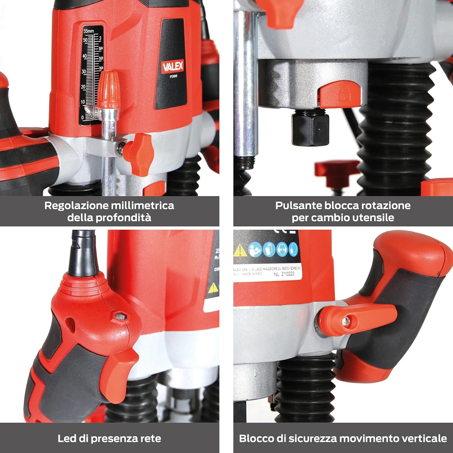 Valex Fresatrice Verticale F1300, dotata di accessori per fresature circolari e bordature, perfetta per lavori di precisione.