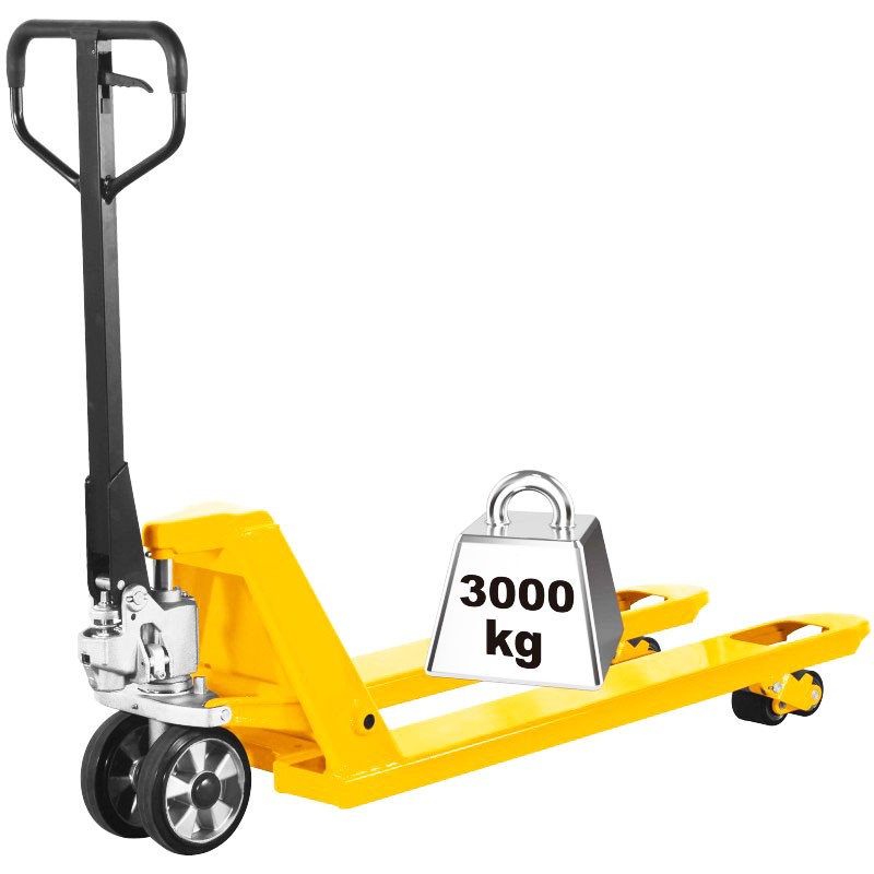 Transpallet sollevatore idraulico manuale giallo portata 3000 kg con forche 54x115 cm per uso magazzino.