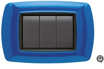 FEB 2983/BL Placca Life 3P, blu switch with three black buttons for electrical control.