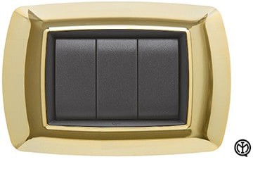 Placca Life 3P in Oro by FEB with three black switches, modern design and elegant finish for home decor.