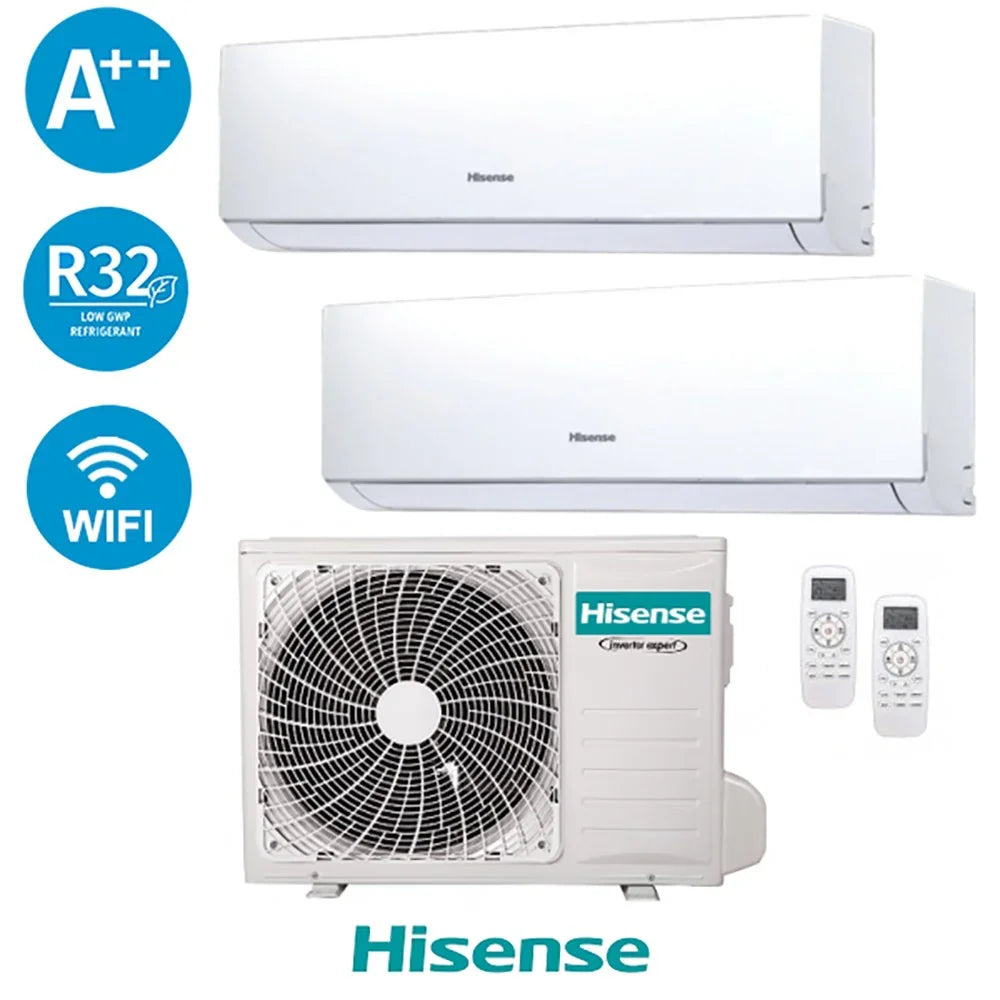 Hisense Dual Inverter Air Conditioner 9+12 BTU units with WiFi and energy-efficient R32 gas.