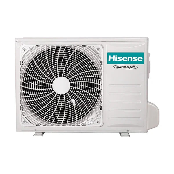Unità esterna climatizzatore Hisense Dual Inverter 9+12 Btu con design compatto e performance efficienti.