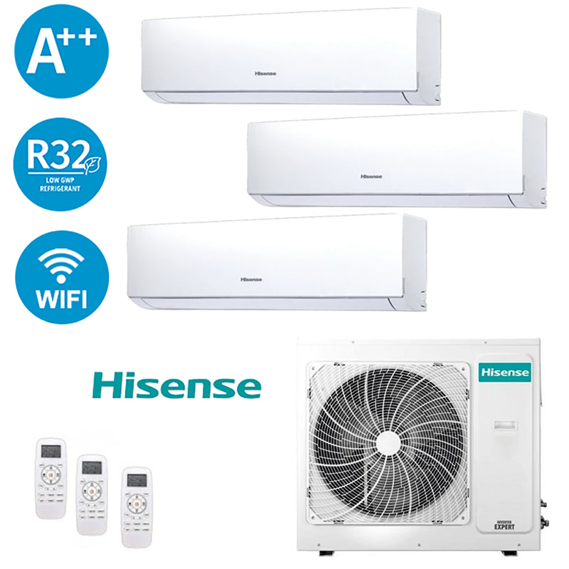 Hisense Trial Inverter 9+9+12 BTU air conditioning unit with Wi-Fi, R32 gas, and A++ efficiency rating.