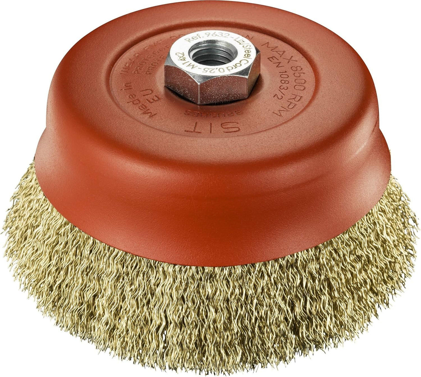 Spazzola a tazza in acciaio e ottone, d120mm, per pulizia e finitura di superfici metalliche, legno e pietra.