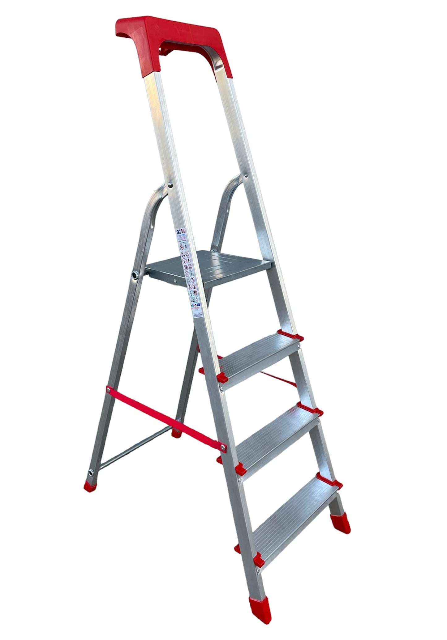 Scala domestica in alluminio a quattro gradini, leggera e pieghevole, ideale per accesso a spazi difficili.