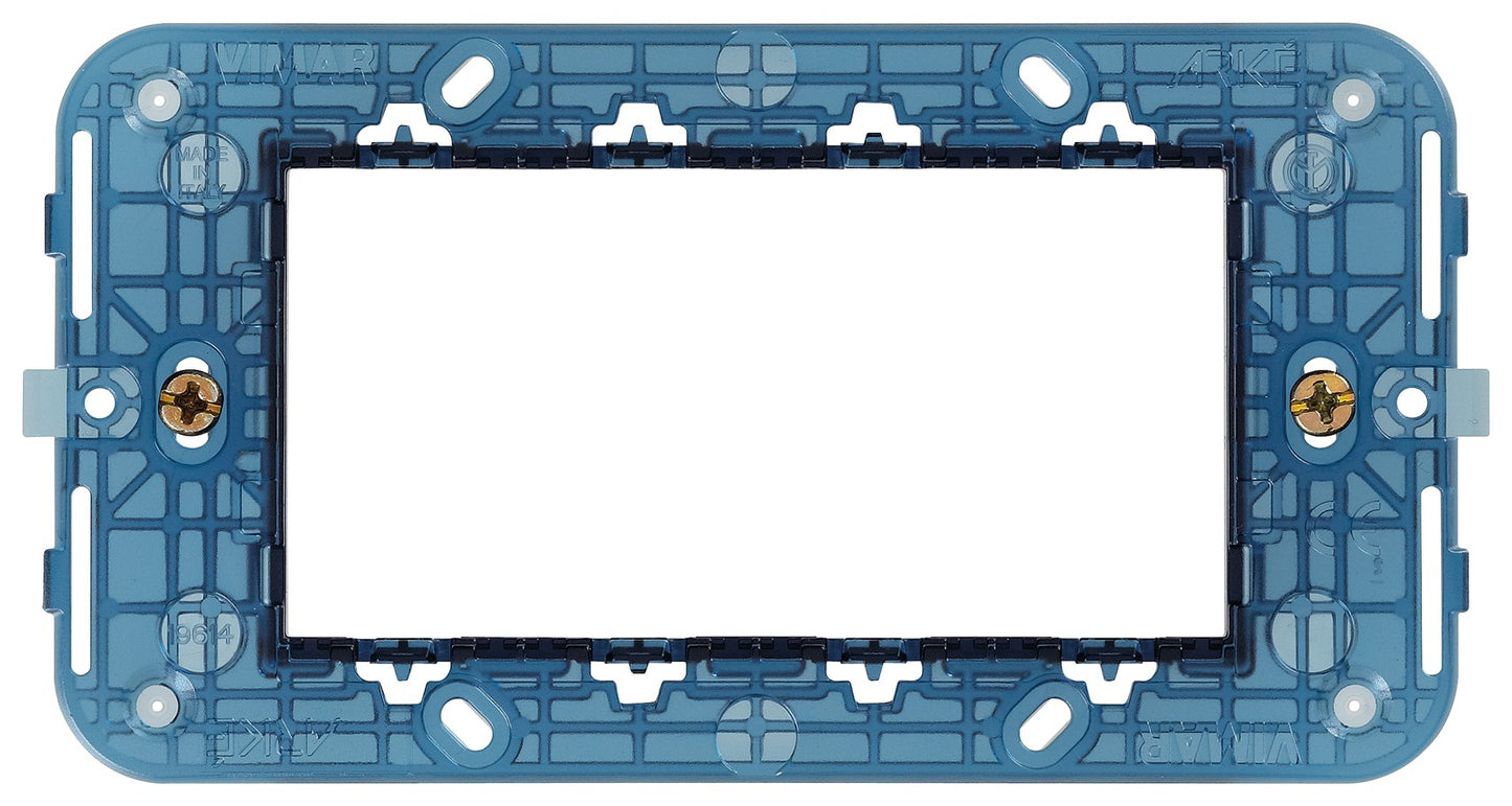 VIMAR 4-module support frame with screws for electrical boxes, model 19614, blue plastic design.