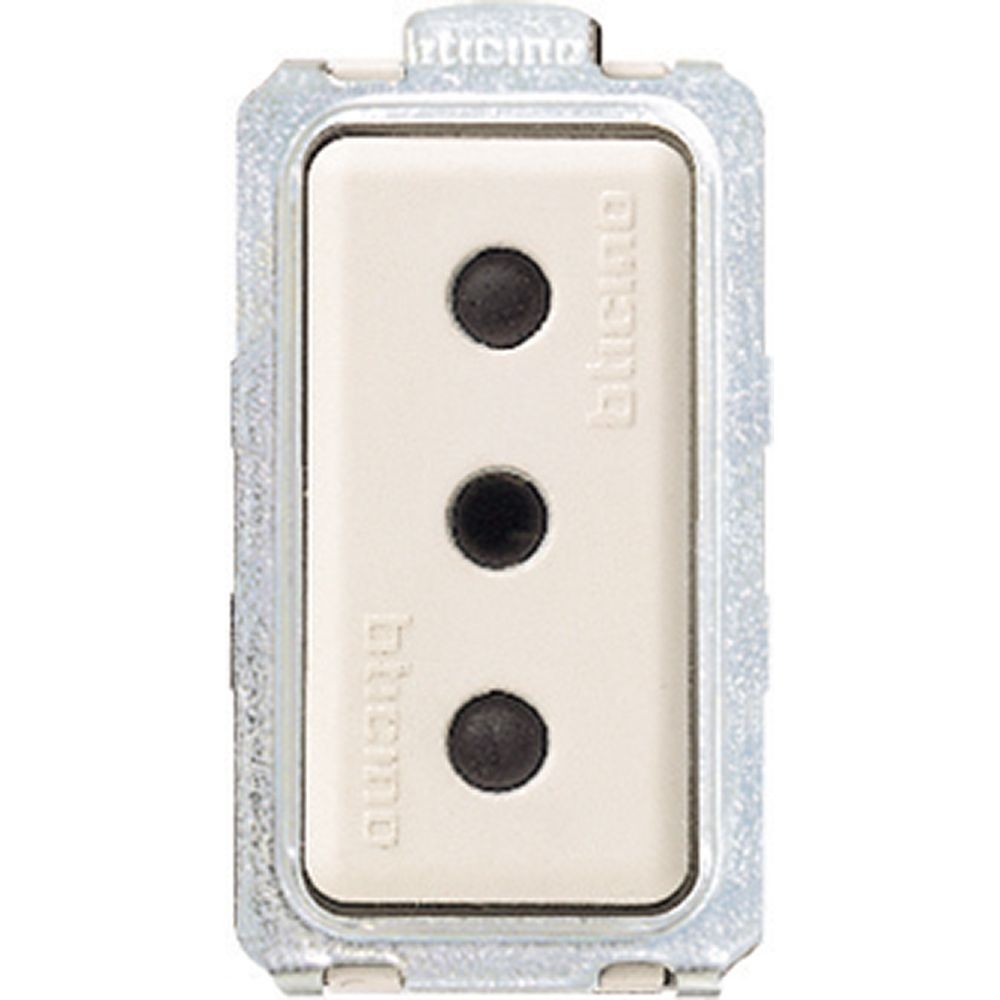 Presa Bticino Magic Piccola 2P+T 10A 250Vac, standard Italia, protezione alveoli, interasse 19mm, diametro 4mm.