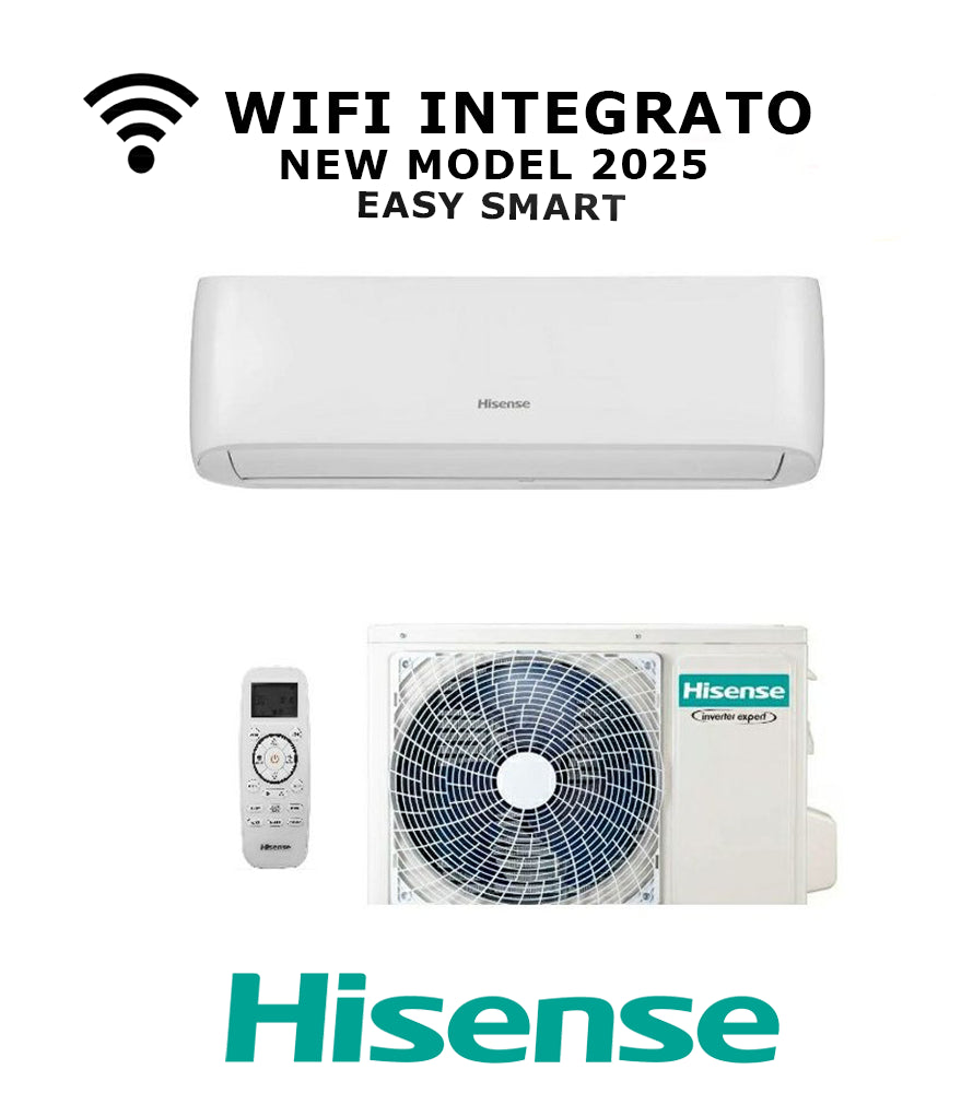 Hisense EASY SMART 2025 air conditioner with integrated WiFi, remote control, and outdoor unit, 12000 BTU inverter system.