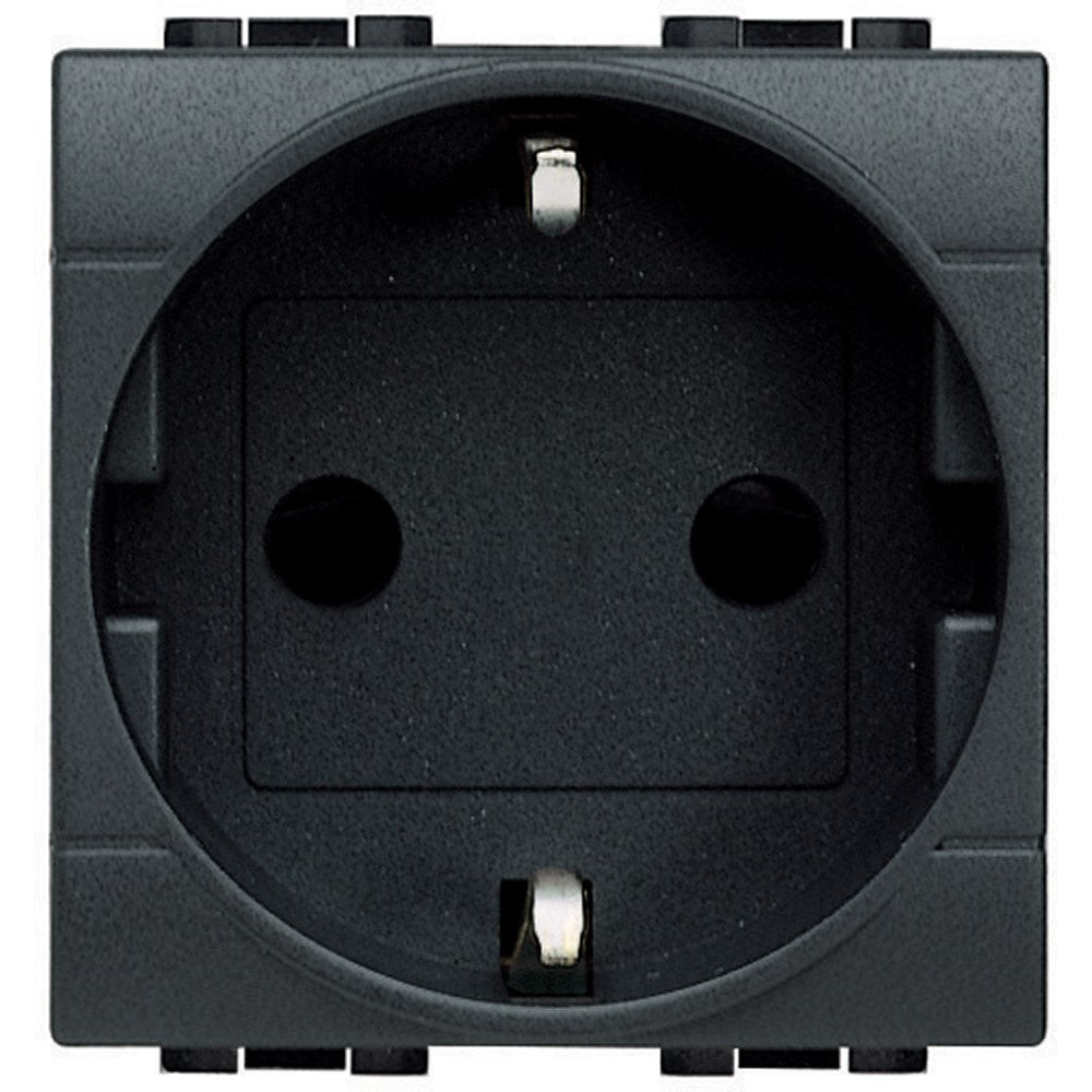 Antracite 2P+T 16A 250 Vac electrical socket with side ground contacts, German standard design.