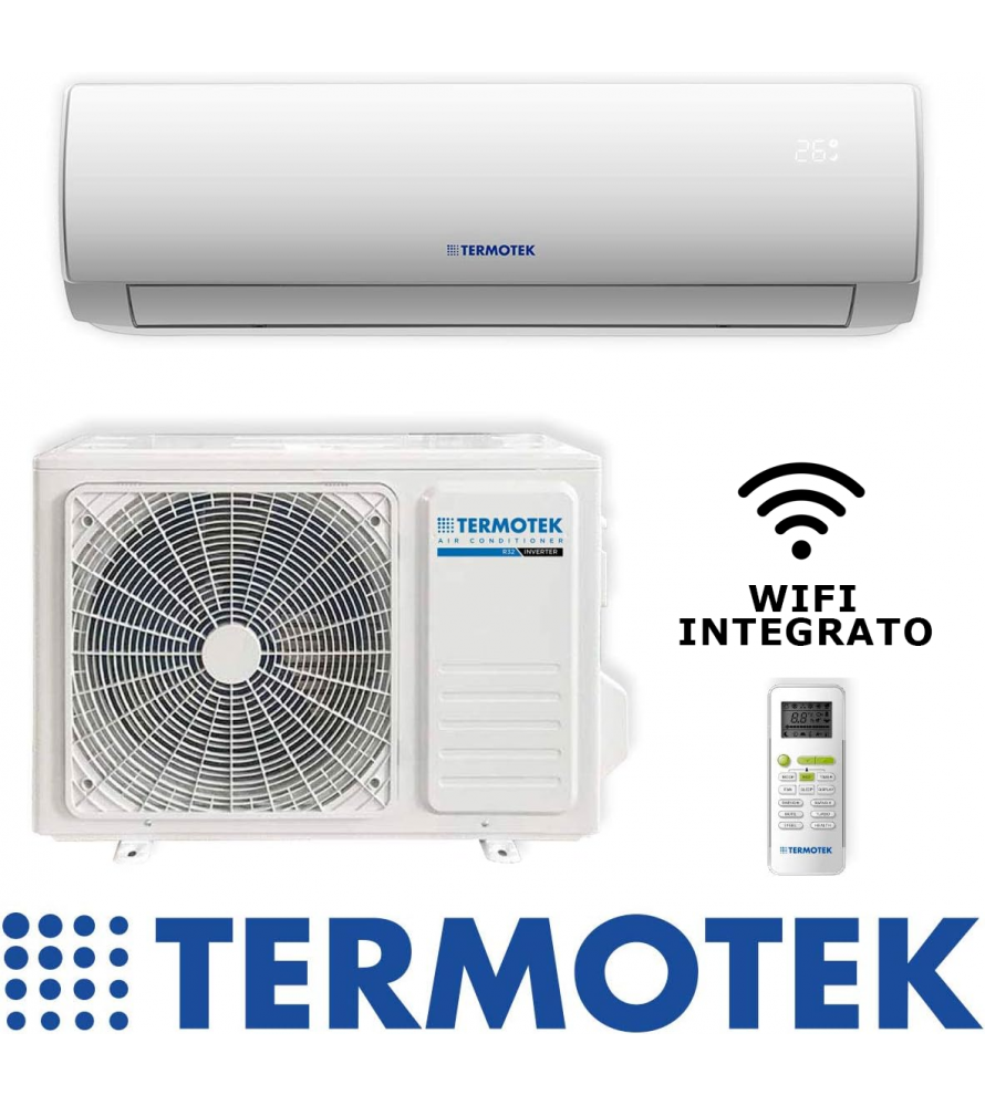 Climatizzatore Termotek 9000 BTU AIRPLUS con Inverter A++ e WiFi integrato, unità interna ed esterna.