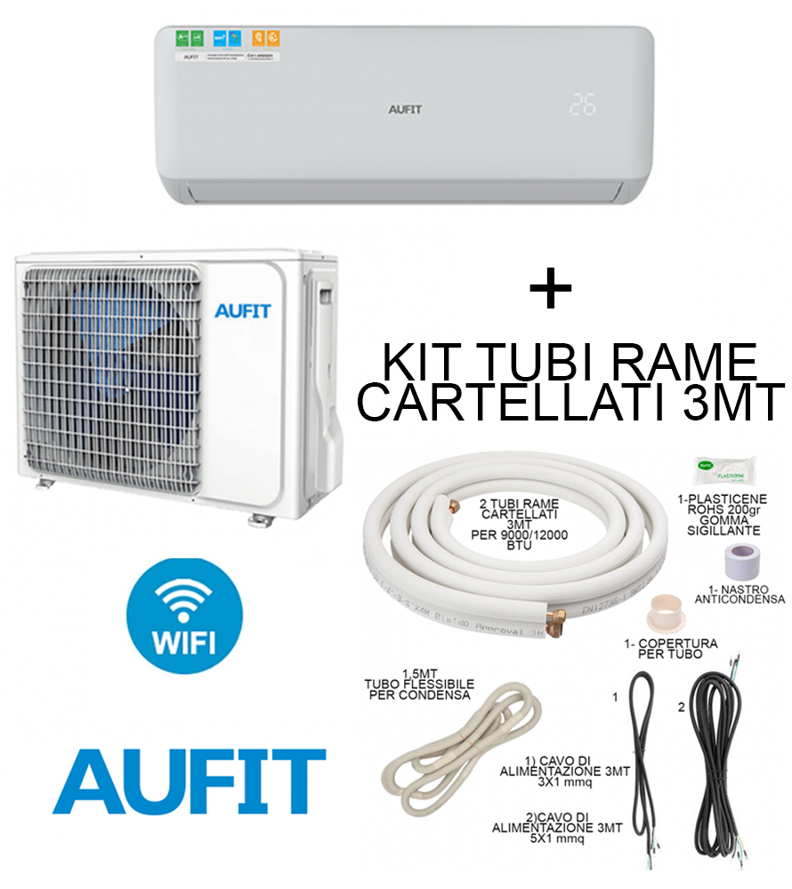 Climatizzatore AUFIT Freedom 9000 BTU + Kit Tubi Rame 3MT Cartellati con accessori Condizionatore Inverter R32 Monosplit WIFI