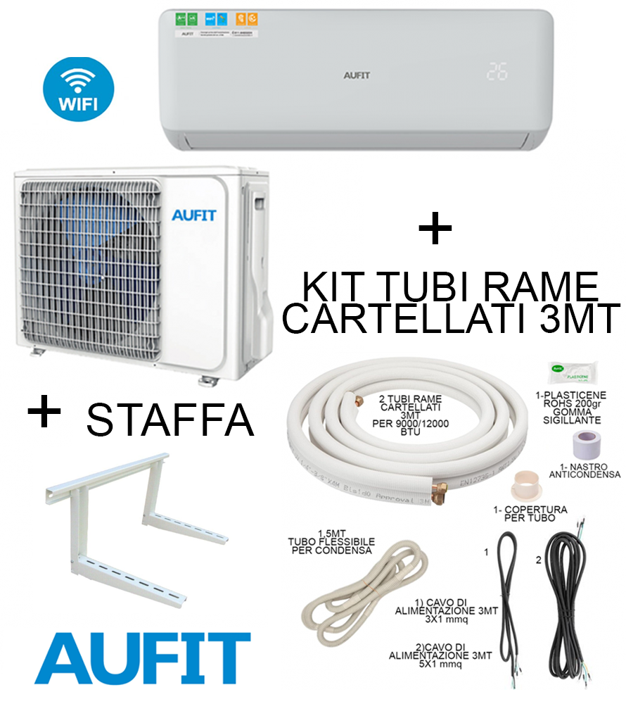 Climatizzatore AUFIT Freedom 9000 BTU + Staffa + Kit Tubi Rame 3MT Cartellati Condizionatore Inverter R32 Monosplit WIFI