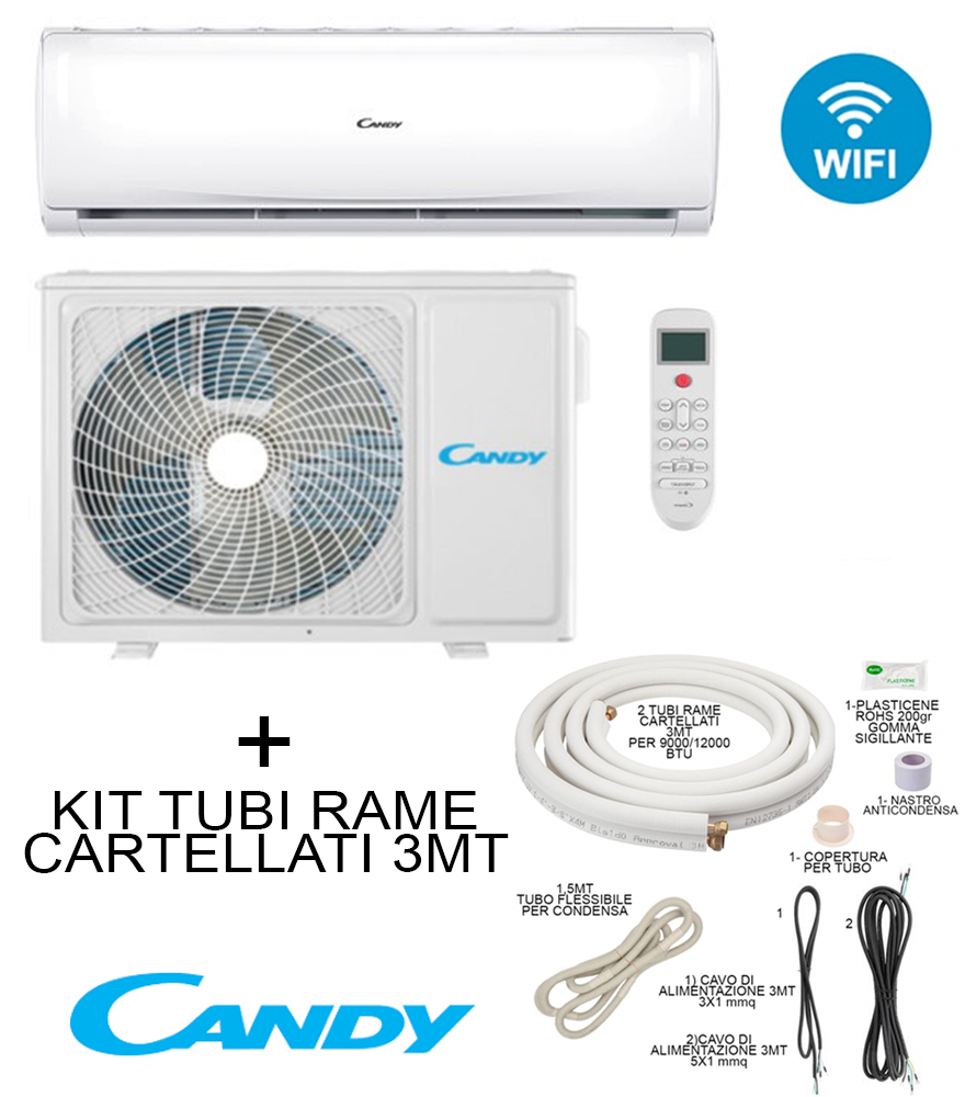 Candy Climatizzatore Pura 9000 BTU + Kit Tubi Rame 3MT Cartellati Split System Bianco R-32 Wi-Fi Integrato