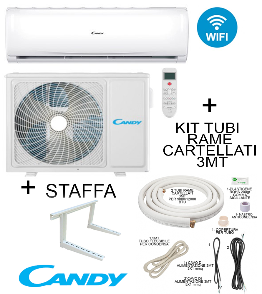 Candy Climatizzatore Pura 9000 BTU + Staffa + Kit Tubi Rame 3MT Cartellati Split System Bianco R-32 Wi-Fi Integrato