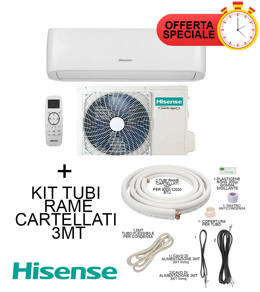 Climatizzatore Hisense Inverter Serie EASY SMART 12000 + Kit Tubi Rame 3MT Cartellati Btu CA35YR03G + CA35YR03W R-32