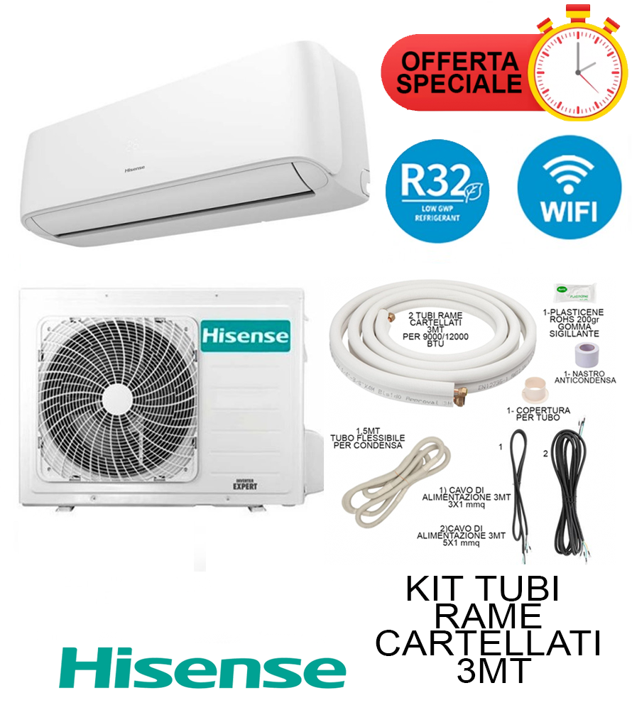 Climatizzatore Hisense Hi Comfort 12000 Btu + Kit Tubi Rame 3MT Cartellati Inverter R32 A++/A+ Wifi Integrato