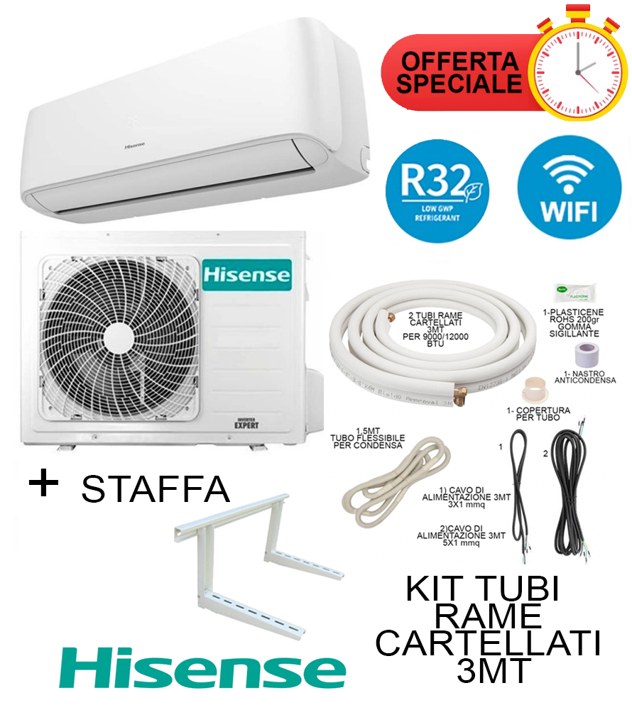 Climatizzatore Hisense HI COMFORT 12000 Btu + Staffa + Kit Tubi Rame 3MT Cartellati Inverter R32 A++/A+ Wifi Integrato