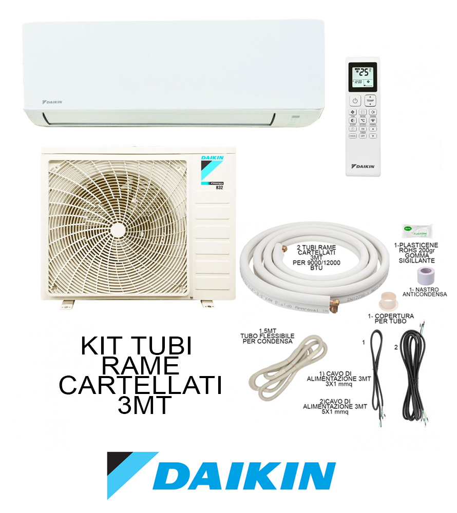 Climatizzatore + Kit Tubi Rame 3MT Cartellati Daikin 9000btu 2,5KW R32 A++/A+