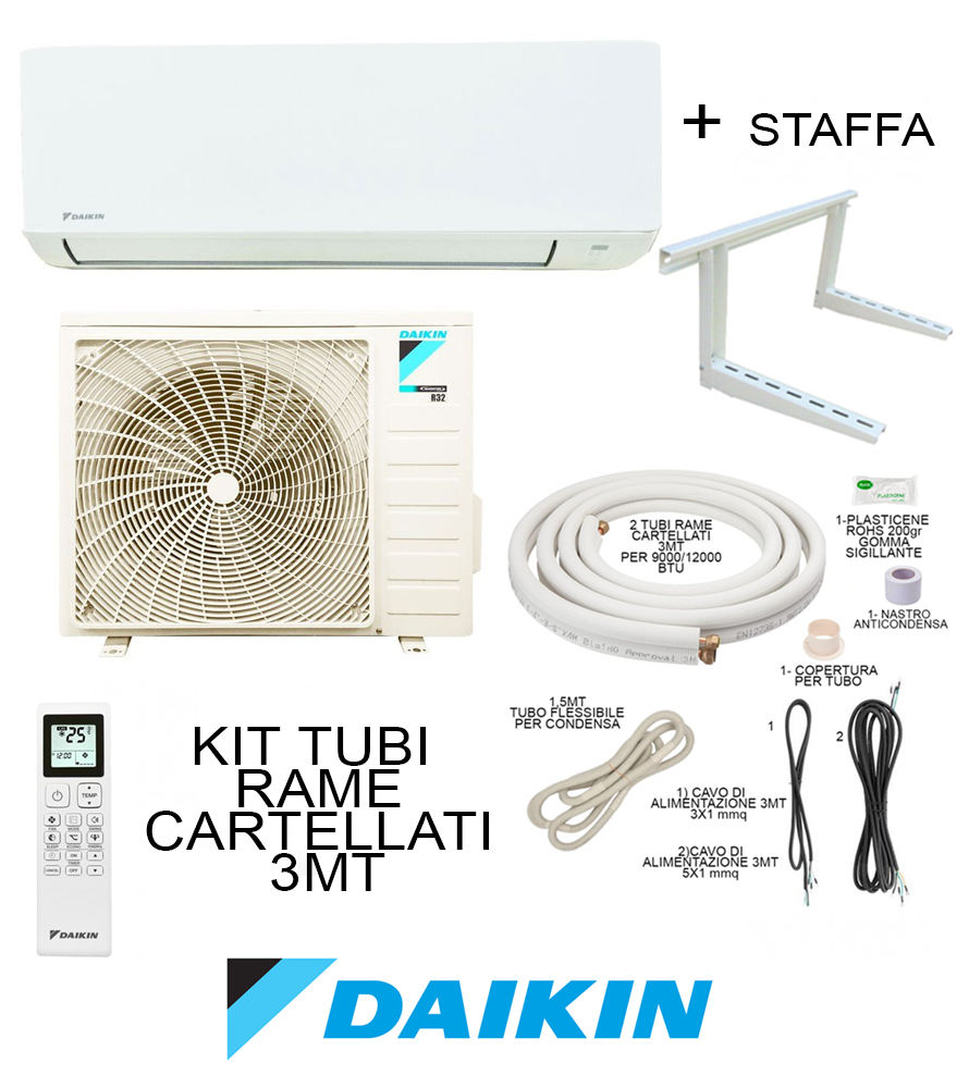 Climatizzatore + Staffa + Kit Tubi Rame 3MT Cartellati Daikin 9000btu 2,5KW R32 A++/A+