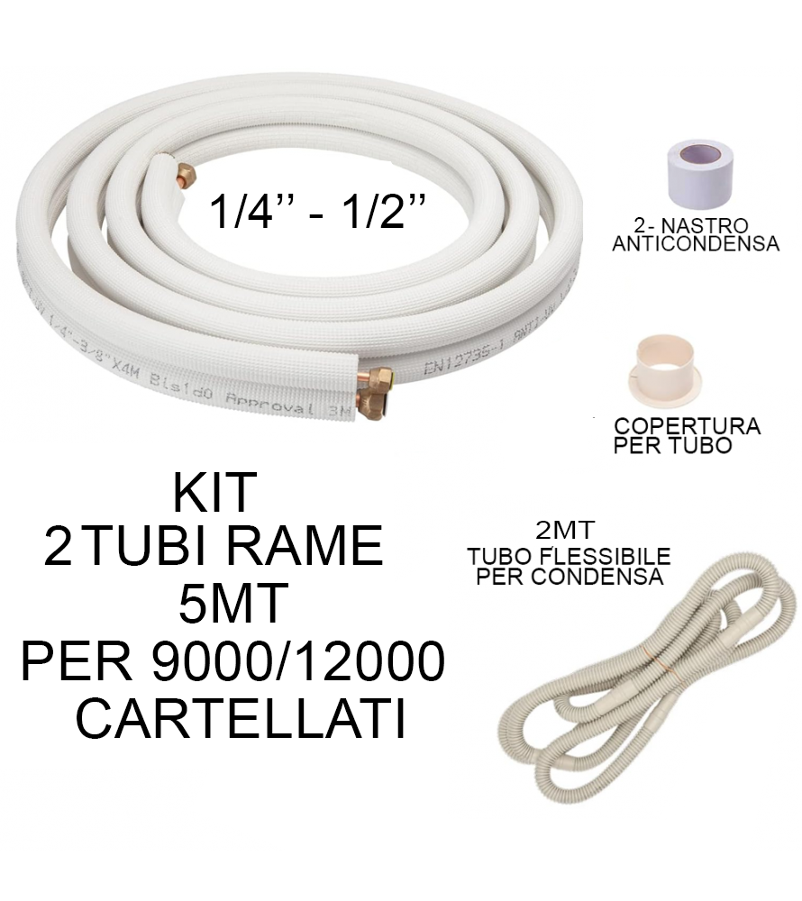 KIT tubi rame 5 Mt Cartellati montaggio climatizzatore 9000/12000 1/4 - 1/2 raccordi tubo condensa condizionatore