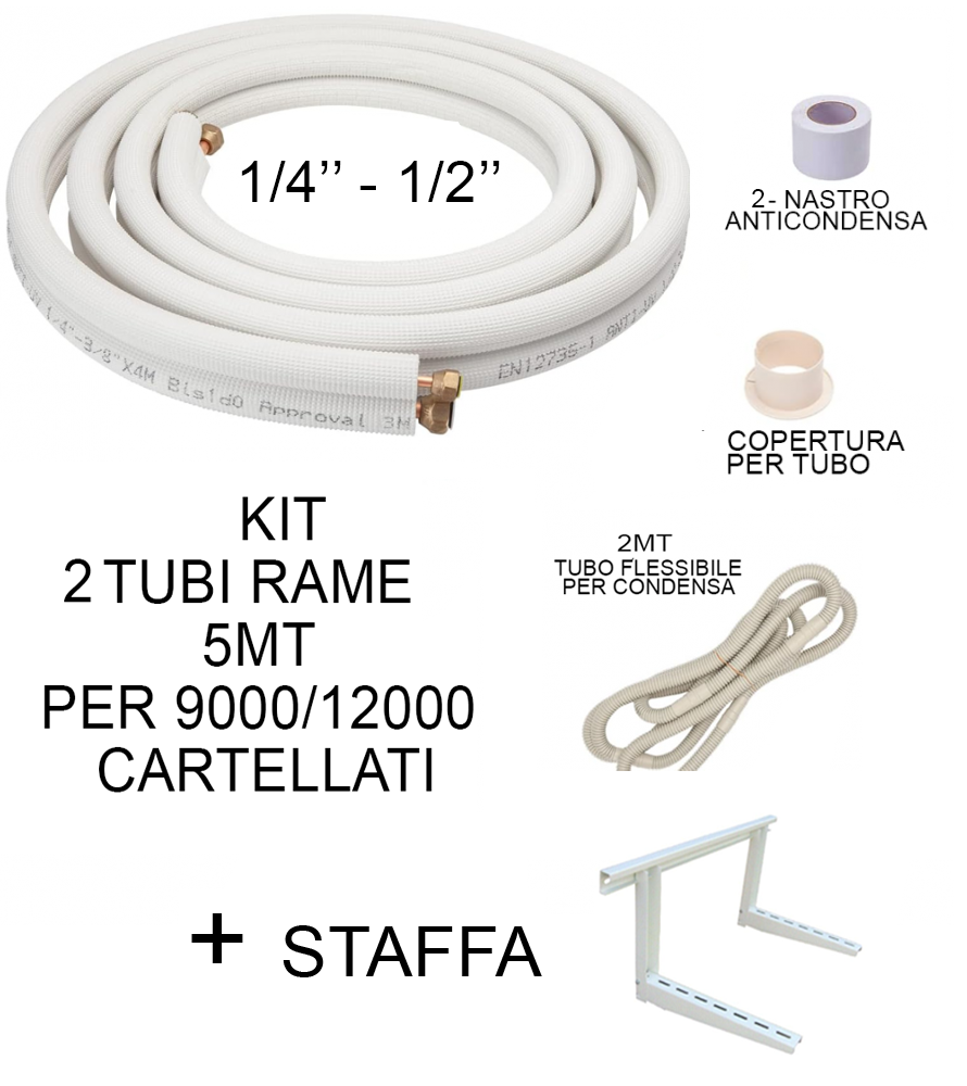 KIT tubi rame 5 Mt Cartellati + Staffa montaggio climatizzatore 9000/12000 1/4 - 1/2 raccordi tubo condensa condizionatore