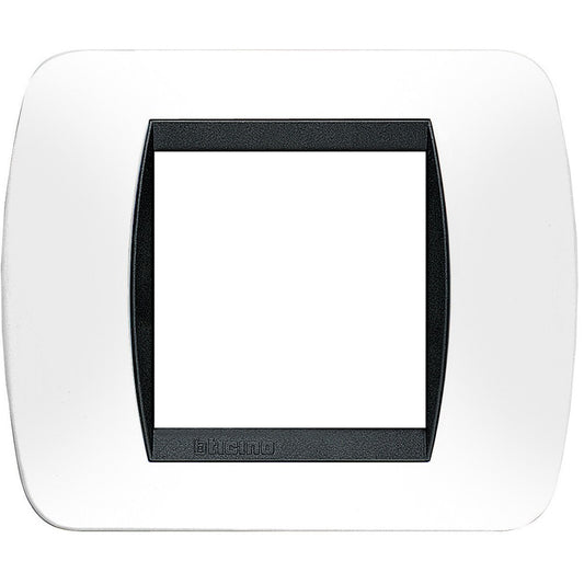Bticino Living International white switch plate 2 modules, dark steel design, 80mm height, 93mm width.