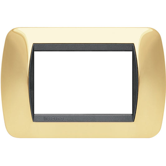 BTicino Livinglight gold metal 3-module switch plate, stylish design, dimensions 80x119mm.