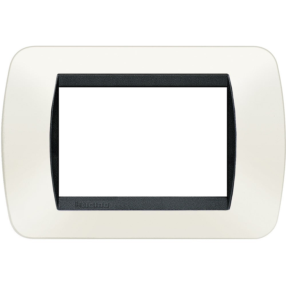 BTicino Livinglight 3-module white plate with black inner frame, designed for modern interiors.