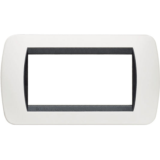 Living Int. Placca 4 posti bianca con cornice nera, design elegante, serie Livinglight, materiale tecnopolimero, BTicino.